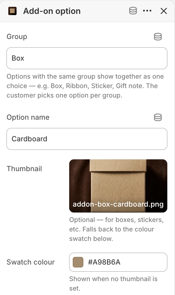 Add-on option settings — group, option name, thumbnail and swatch colour