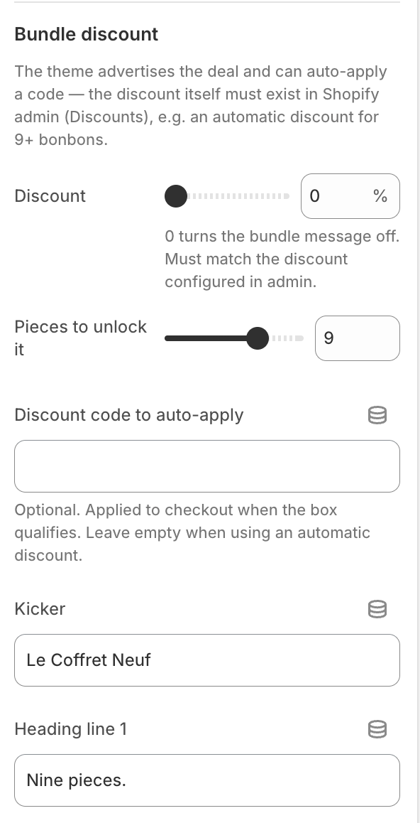 Bundle discount settings in the theme editor