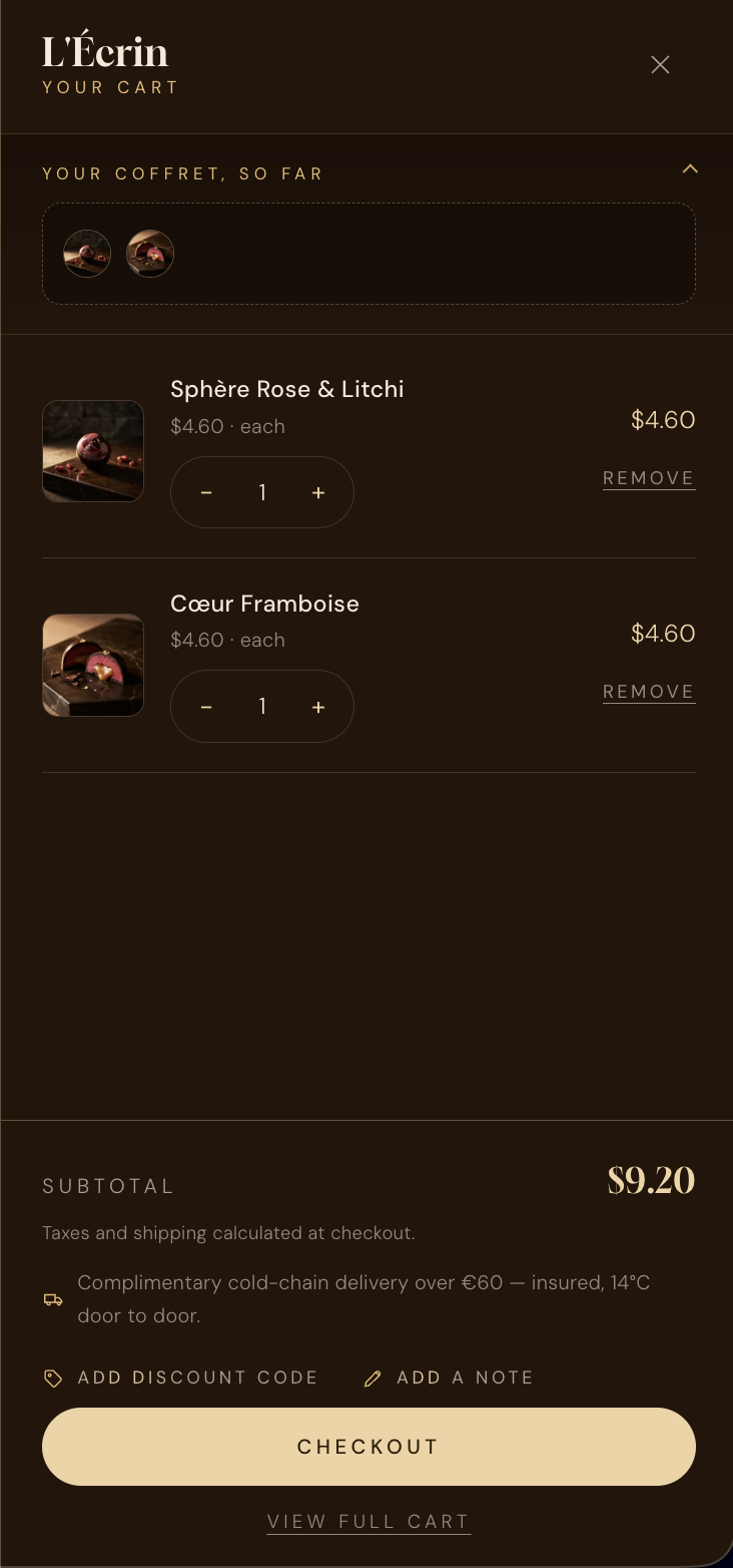 The L'Écrin cart drawer with the coffret tray, line items and footer
