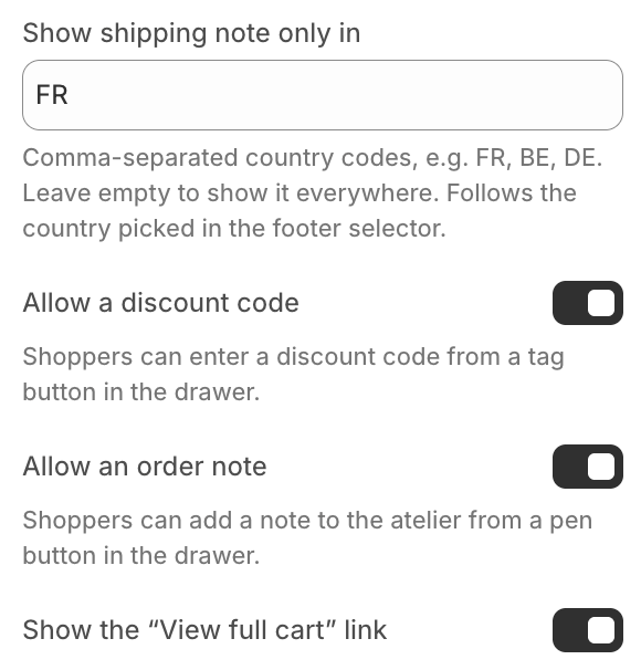 Cart drawer footer settings — shipping note country codes, discount and note toggles