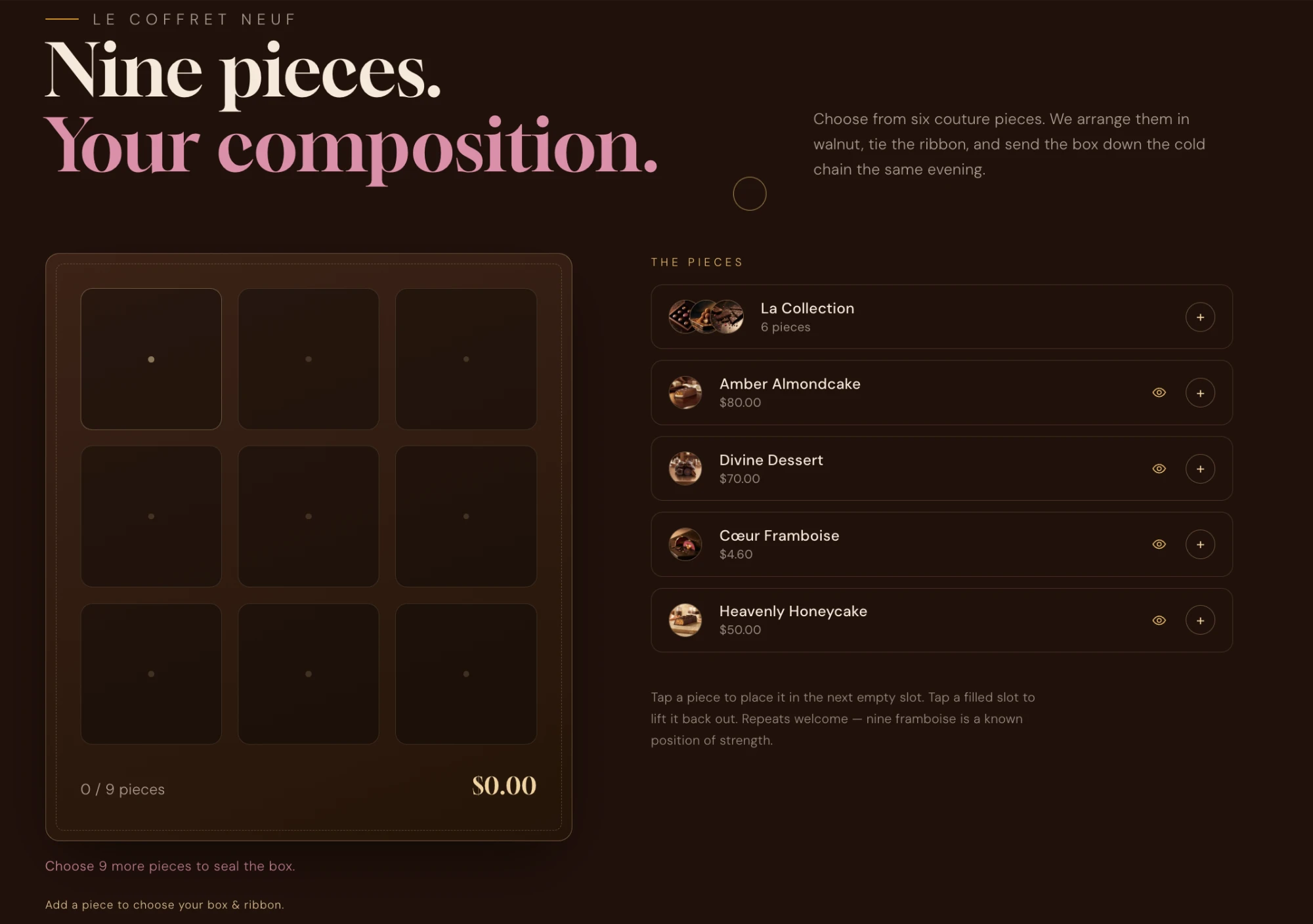 The coffret box builder — an empty nine-slot box on the left and the pieces picker on the right