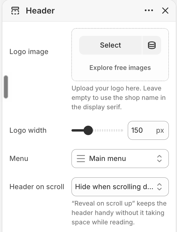 Header settings in the theme editor — logo image, logo width, menu and header-on-scroll