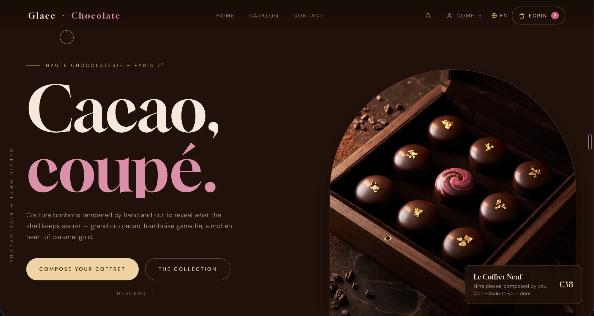 The Maison Glacé storefront — the “Cacao, coupé.” hero with a box of couture bonbons