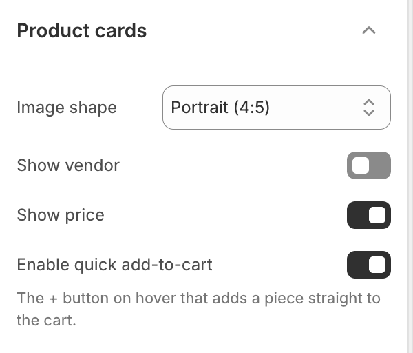 Product cards settings — image shape, show vendor, show price and quick add-to-cart