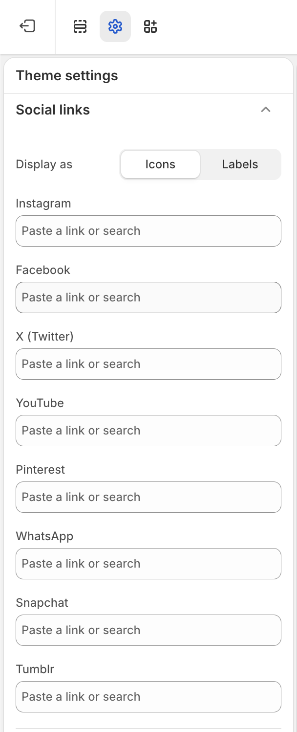 Social links settings — the display-as toggle and a URL field for each network