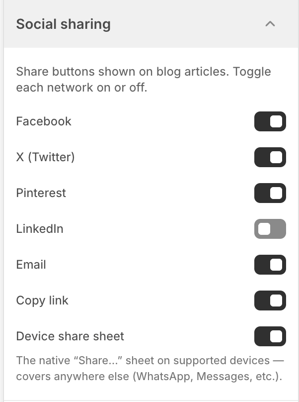 Social sharing settings — per-network toggles for the blog article share buttons